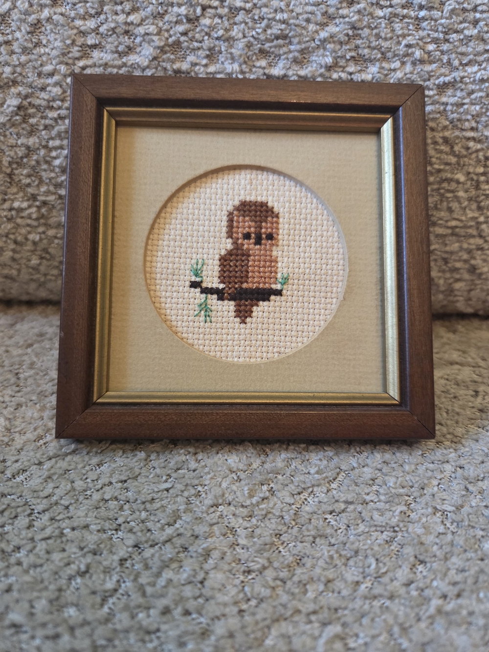 Vintage Owl Cross Stitch Piece In Frame 4x4in - Picture 2 of 5